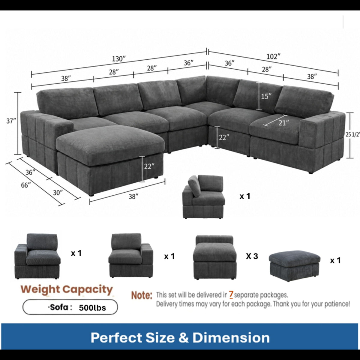 Dark gray sectional sofa layout diagram with dimensions and included ottomans