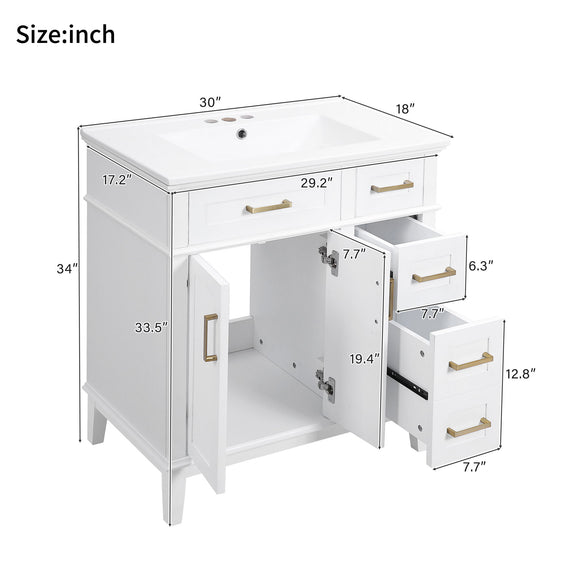 White bathroom vanity cabinet with integrated sink, open doors, and soft-close drawers