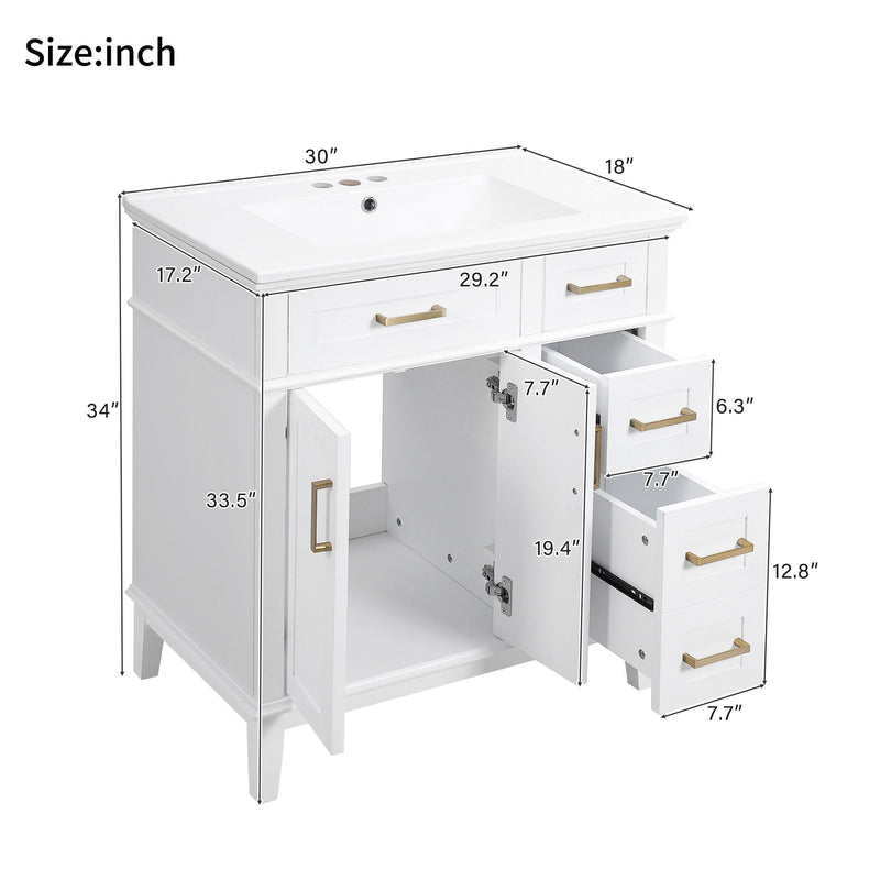 White bathroom vanity cabinet with integrated sink, open doors, and soft-close drawers