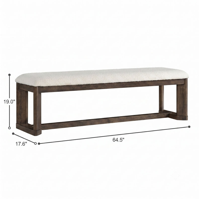Beige upholstered backless dining bench with padded seat and solid wood frame