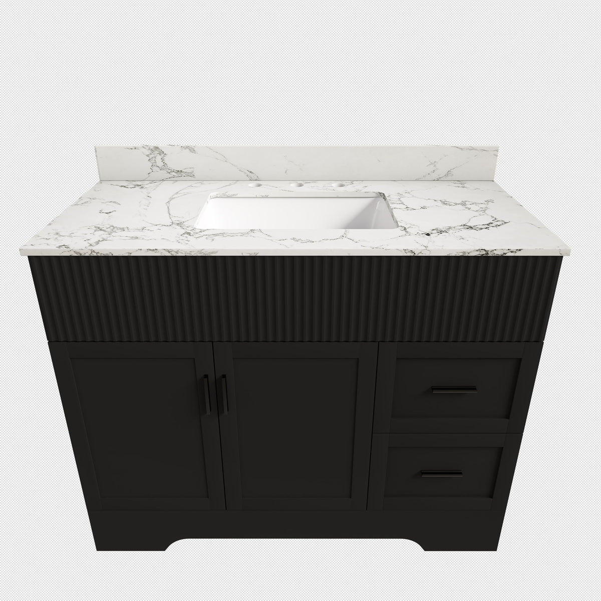 Black bathroom vanity with fluted doors and drawers, marble-style top, 3 faucet holes