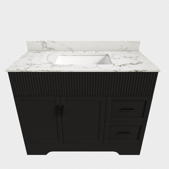 Black bathroom vanity with fluted doors and drawers, marble-style top, 3 faucet holes