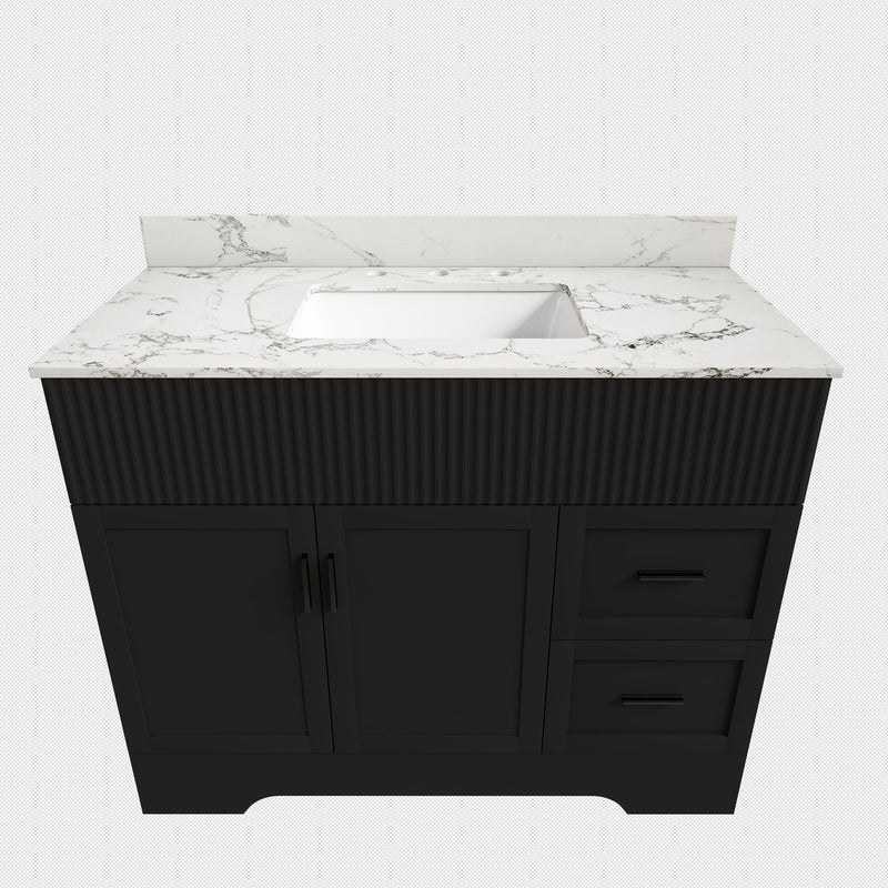 Black bathroom vanity with fluted doors and drawers, marble-style top, 3 faucet holes