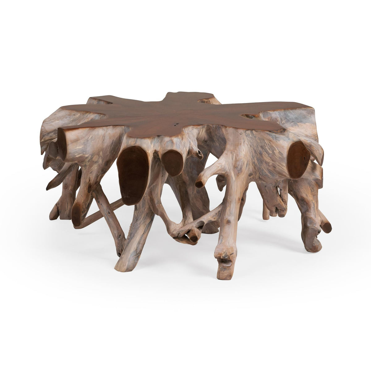 Rustic wood coffee/end table with carved root legs and dark brown tabletop