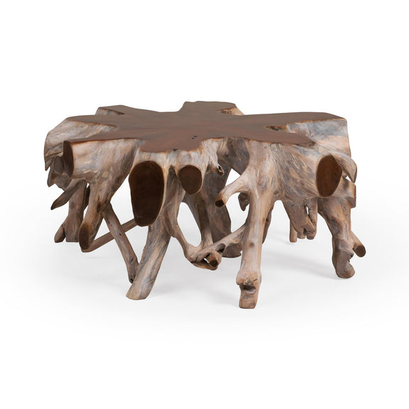 Rustic wood coffee/end table with carved root legs and dark brown tabletop