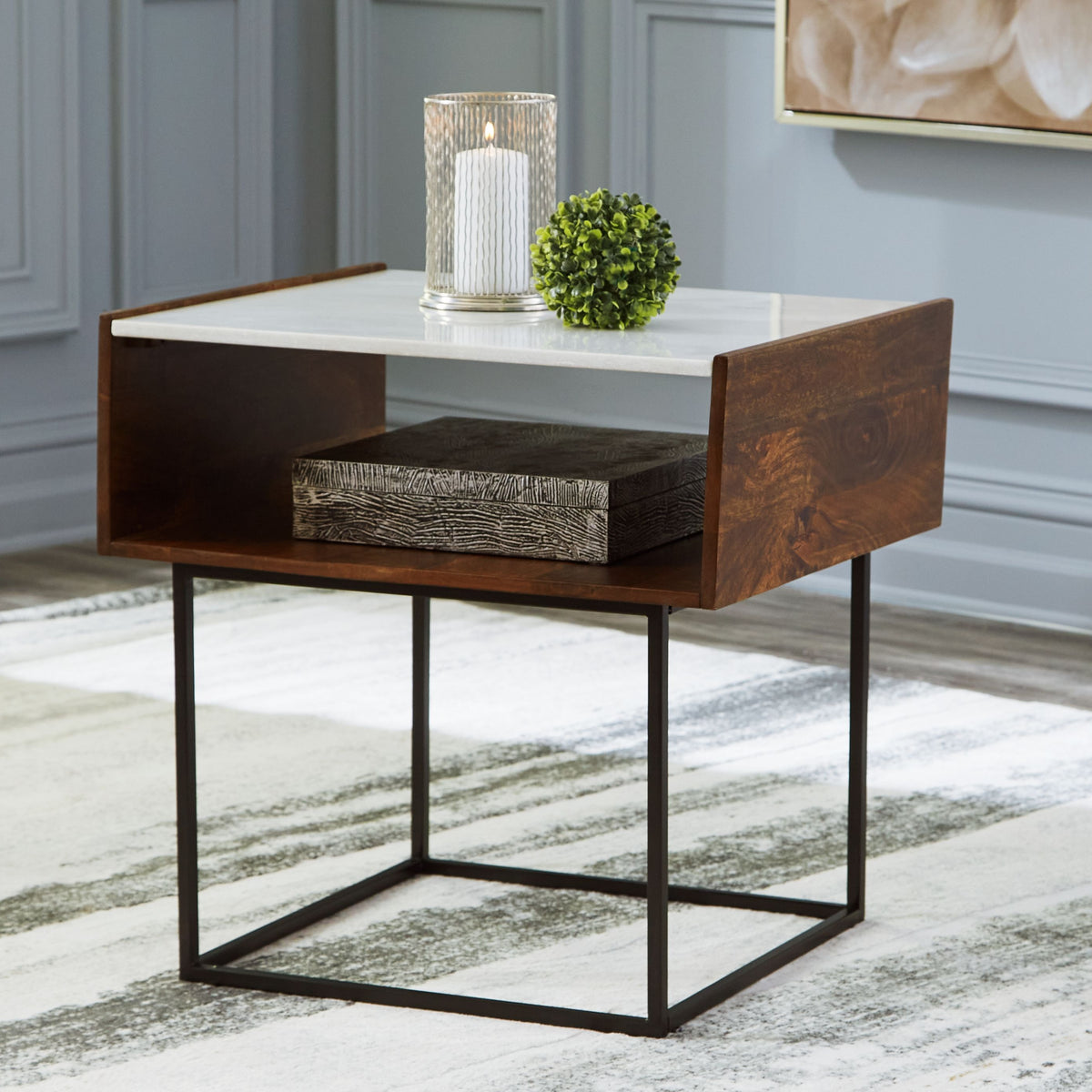 Rusitori - Rectangular End Table - Brown / Beige / White