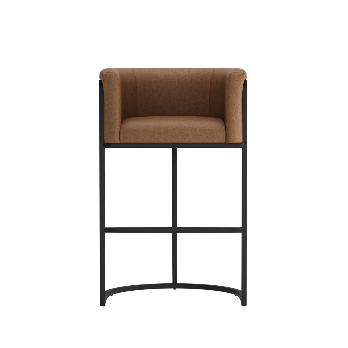 Dark brown upholstered barstool with black metal frame and curved footrest