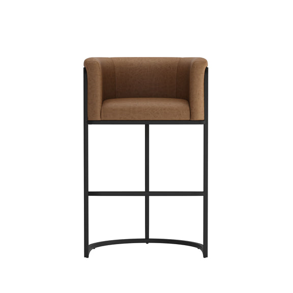Dark brown upholstered barstool with black metal frame and curved footrest