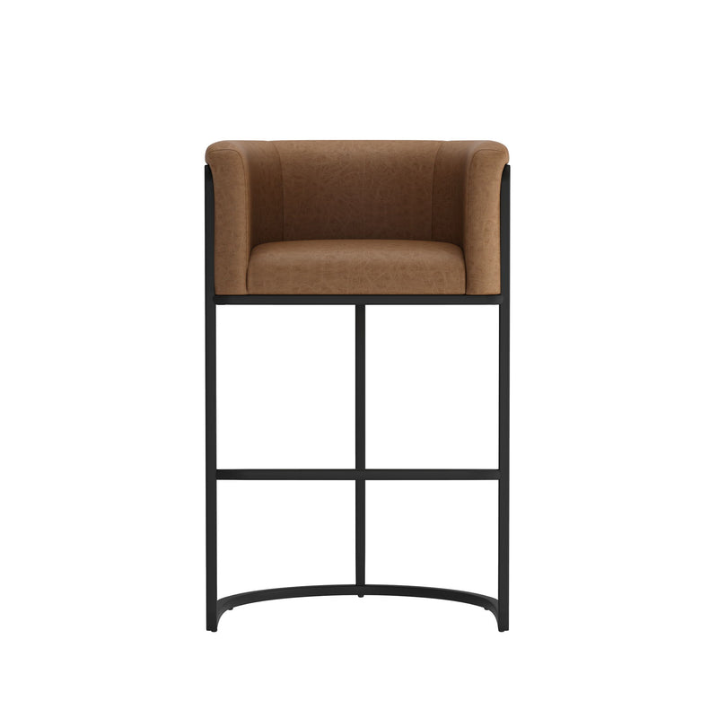Dark brown upholstered barstool with black metal frame and curved footrest