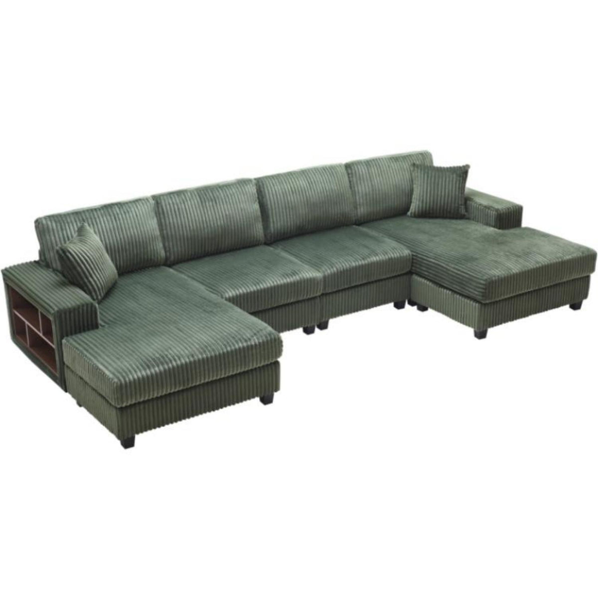 Dark green U-shaped convertible sectional sofa with striped seat cushions and ottoman