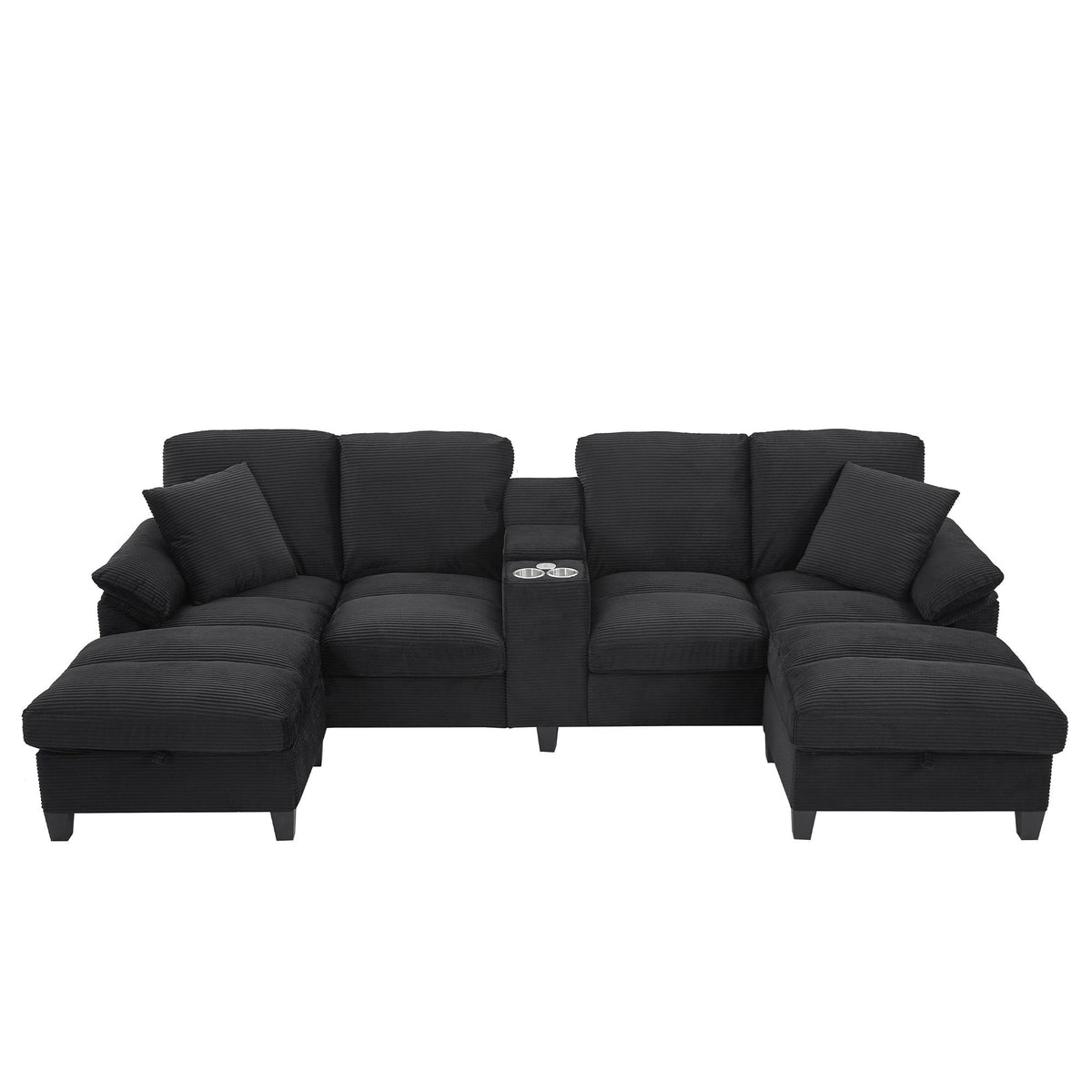 Black U-shaped sectional sofa with storage ottomans and cushioned armrests