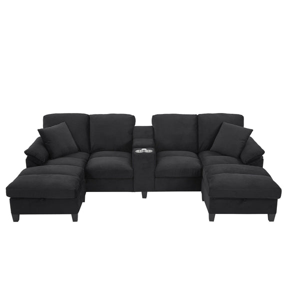 Black U-shaped sectional sofa with storage ottomans and cushioned armrests