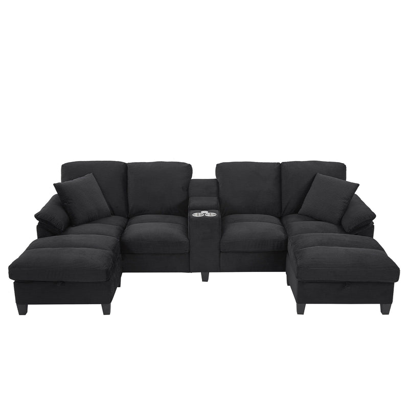 Black U-shaped sectional sofa with storage ottomans and cushioned armrests