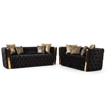Tufted fabric living room sofa set in dark black with gold accent pillows and corner chairs