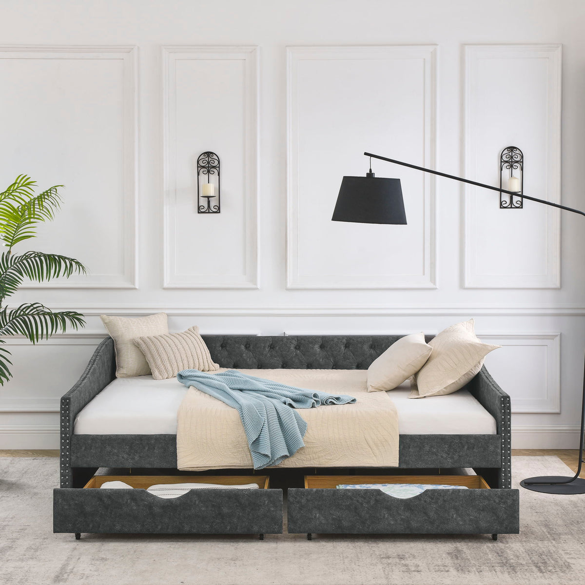 Upholstered Tufted Daybed With Drawers, Waved Arms