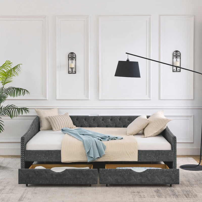 Upholstered Tufted Daybed With Drawers, Waved Arms