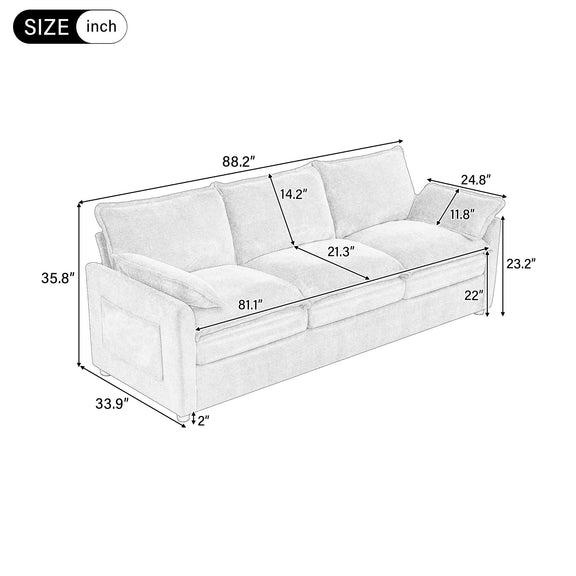 Sofa size diagram in inches, 88.2in width with three back cushions