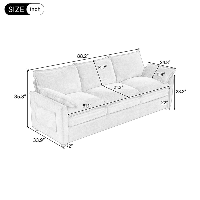 Sofa size diagram in inches, 88.2in width with three back cushions