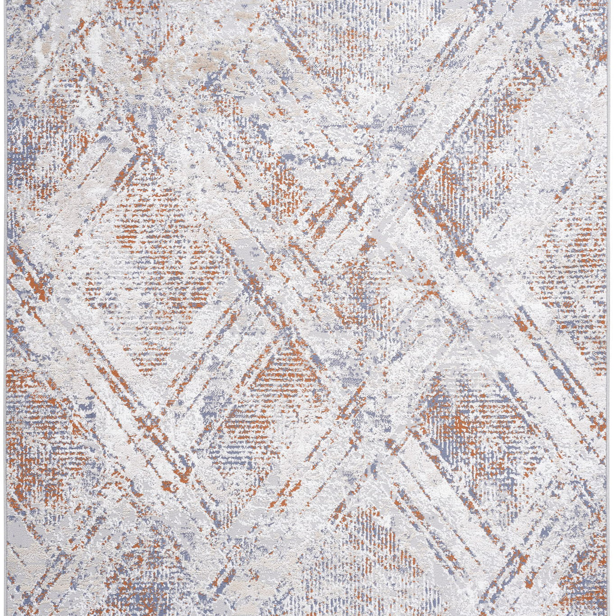 Beige geometric area rug with distressed abstract shapes and diagonal line details.