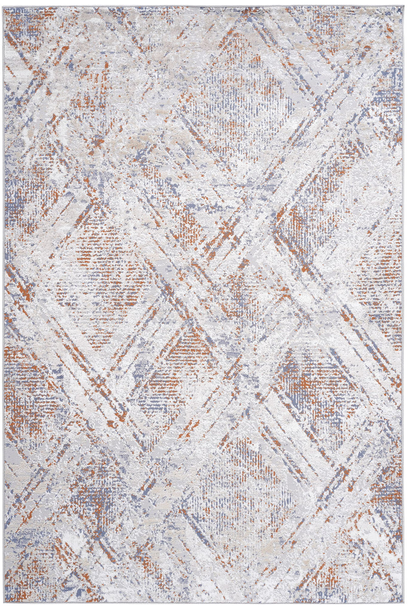 Beige geometric area rug with distressed abstract shapes and diagonal line details.