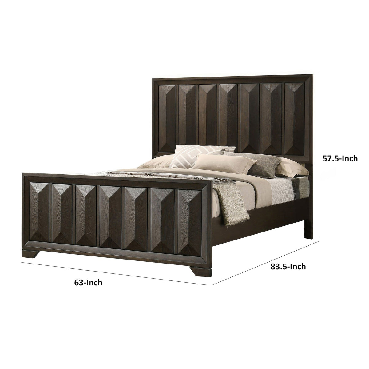 Dark brown platform bed with faceted panel headboard and low footboard