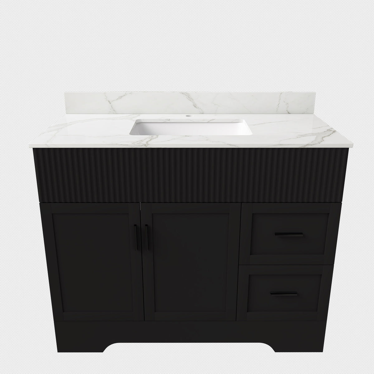 Black fluted bathroom vanity with white marble-look countertop and single-hole sink
