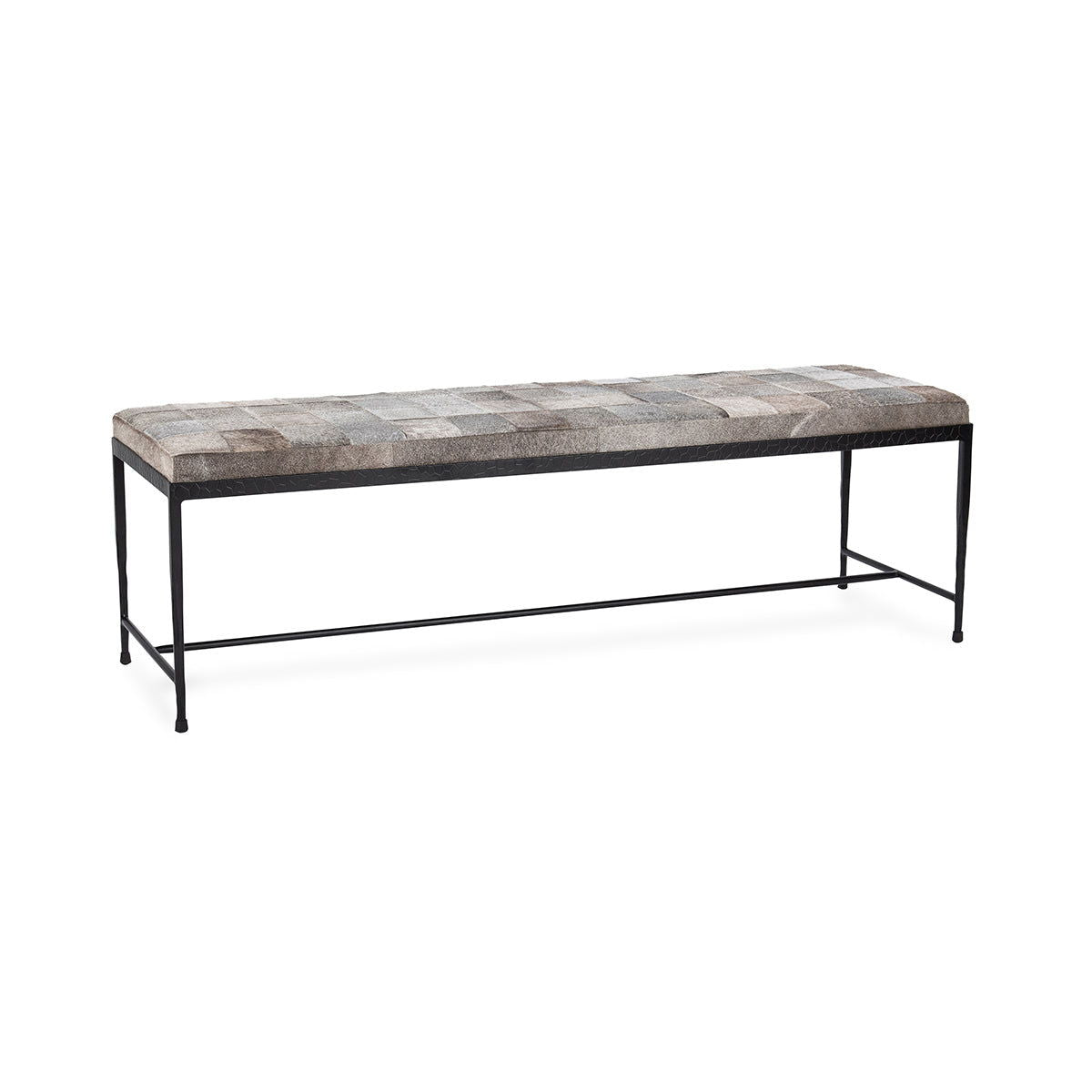 Sparrow Gray hide bench with black metal frame and stitched square-pattern cushion top, 60-inch.