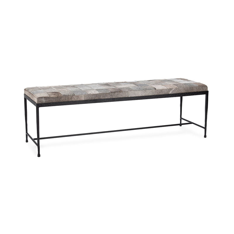 Sparrow Gray hide bench with black metal frame and stitched square-pattern cushion top, 60-inch.