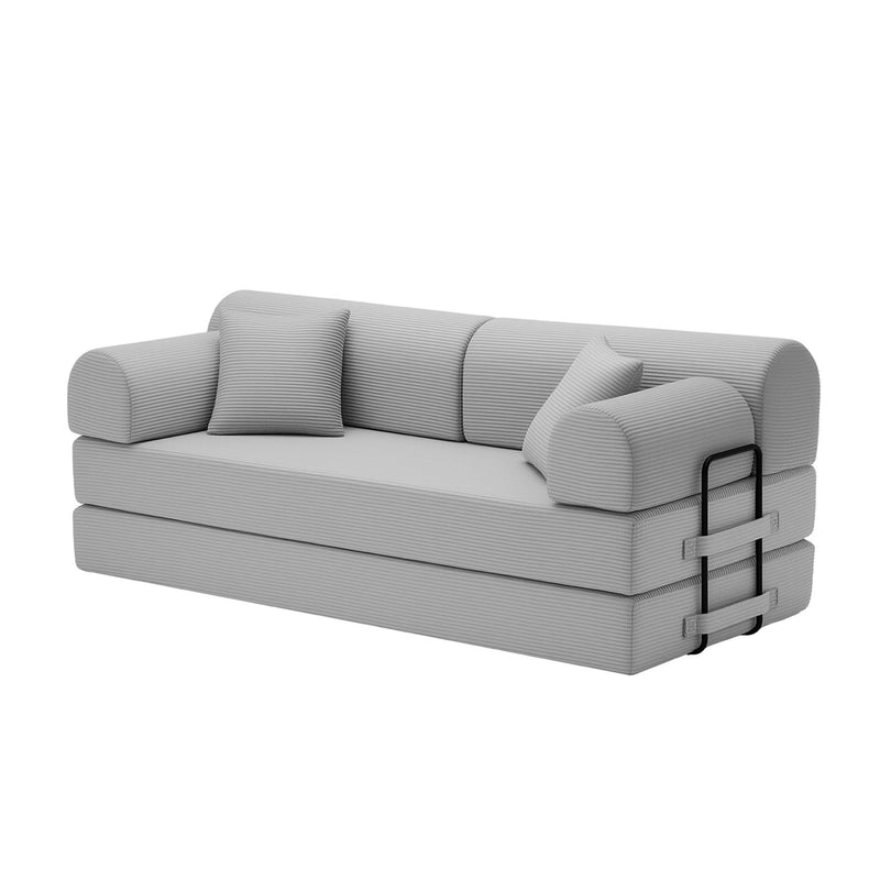 Gray convertible sleeper sofa bed with rounded arms, three back cushions, and metal handle
