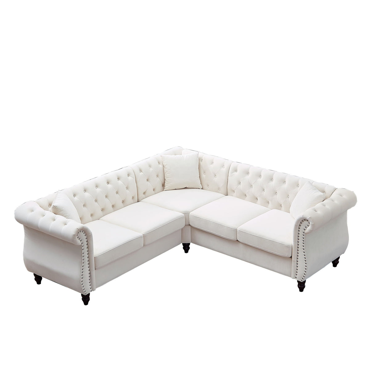 L-shaped corner sofa in light beige fabric with tufted back and square seat cushions.