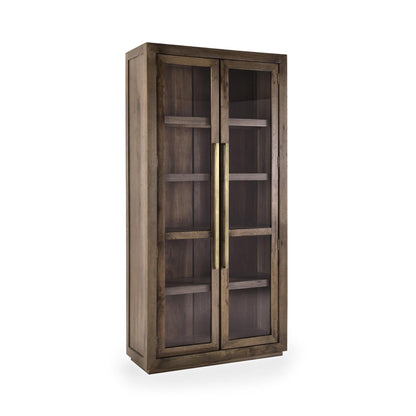 Tall brown cabinet with two glass doors and multiple interior shelves