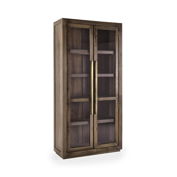 Tall brown cabinet with two glass doors and multiple interior shelves
