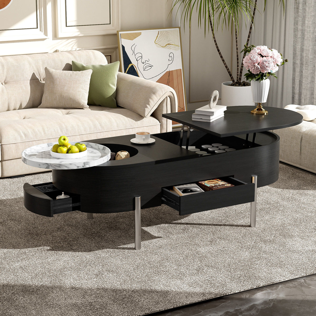 Lift Top Coffee Table With 360 Degree Marble Patterned Rotating Tray