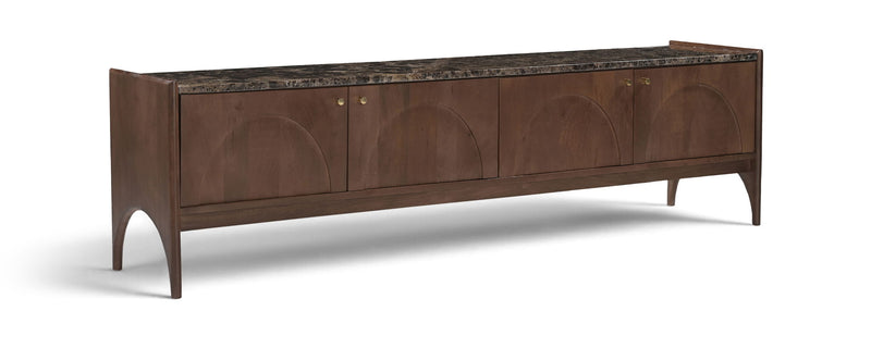 Dark brown mango wood media console with black marble top and cabinet doors