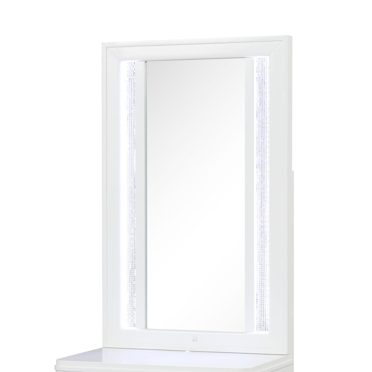 White LED vanity mirror with lit side bars and clear inner mirror panel.