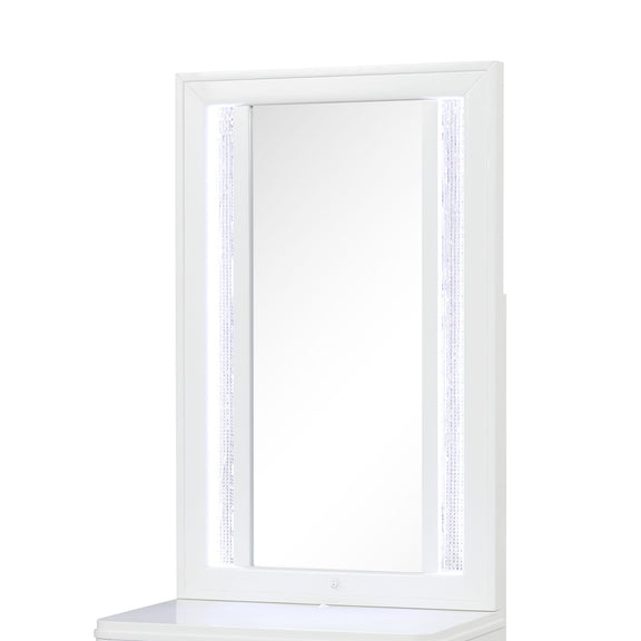 White LED vanity mirror with lit side bars and clear inner mirror panel.