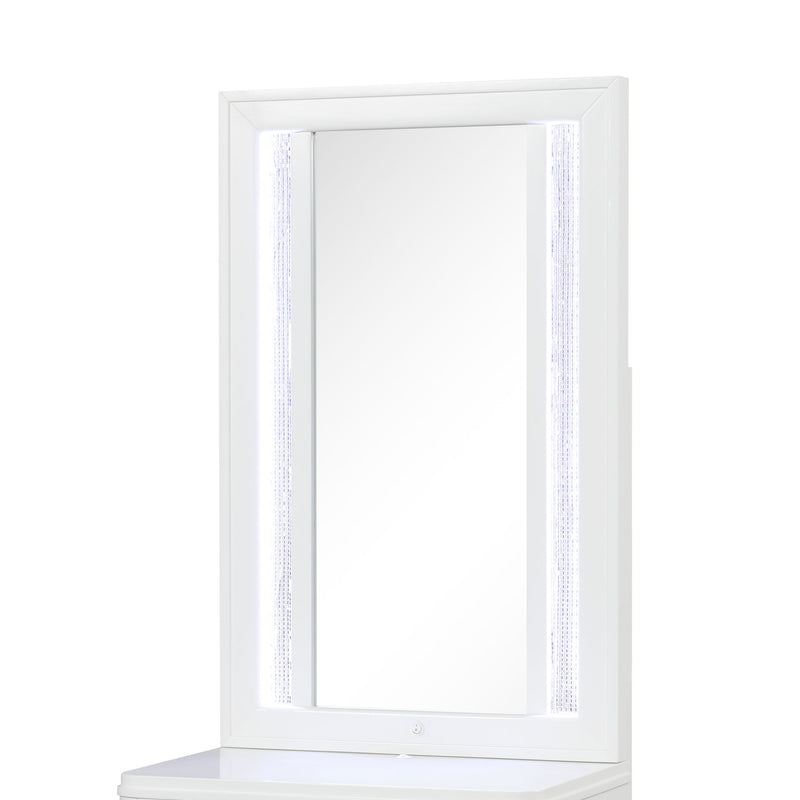 White LED vanity mirror with lit side bars and clear inner mirror panel.