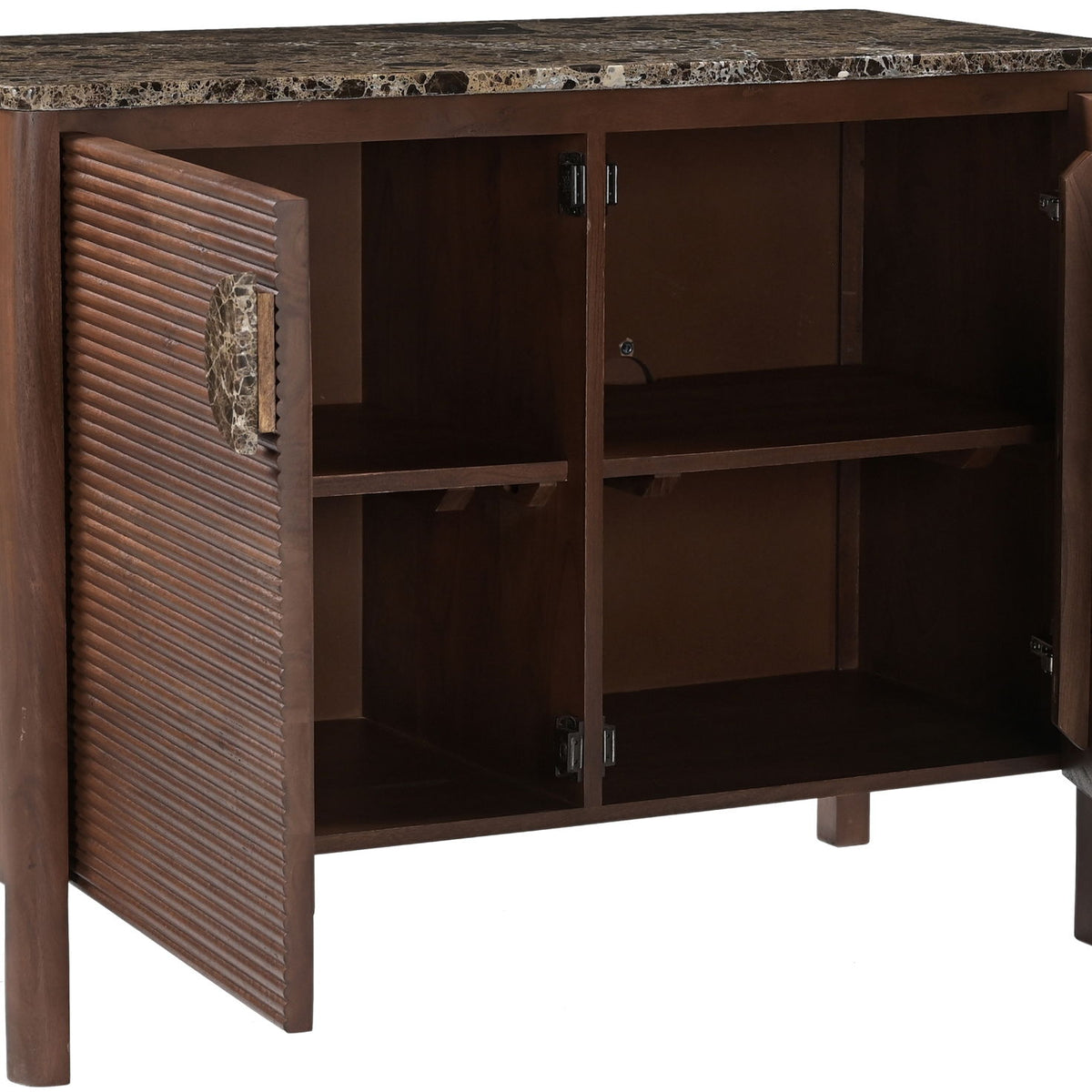 Varenna acacia wood sideboard, dark brown, open 2-door cabinet showing shelves
