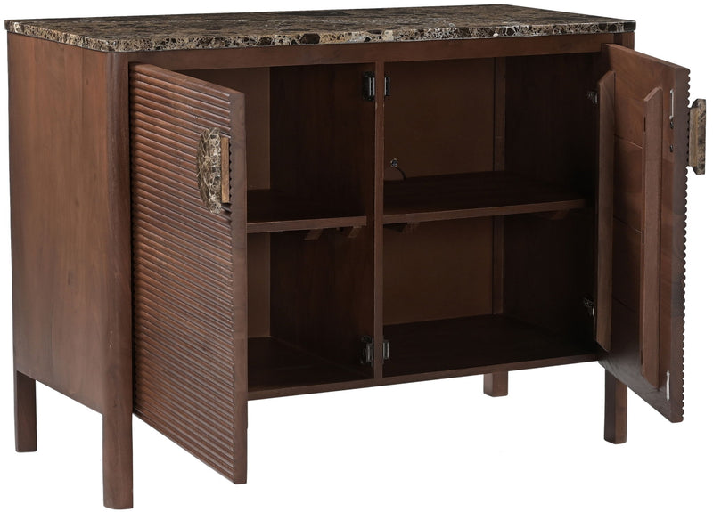 Varenna acacia wood sideboard, dark brown, open 2-door cabinet showing shelves