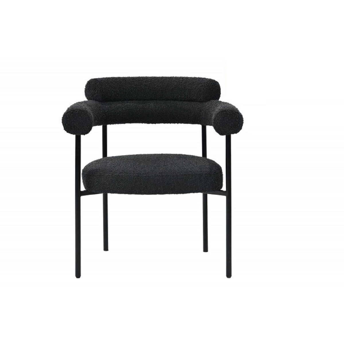 Black dining chair with armrests, rounded backrest and seat, black frame and legs