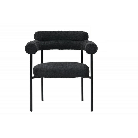 Black dining chair with armrests, rounded backrest and seat, black frame and legs