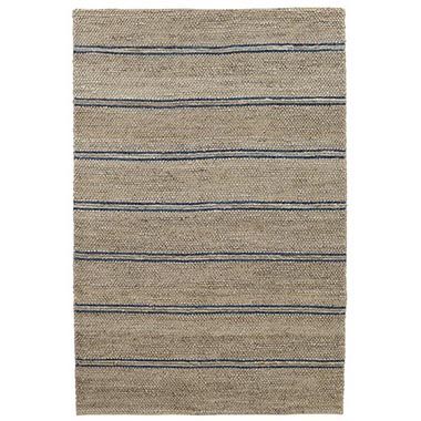 Ivory striped area rug with thin navy and beige horizontal lines