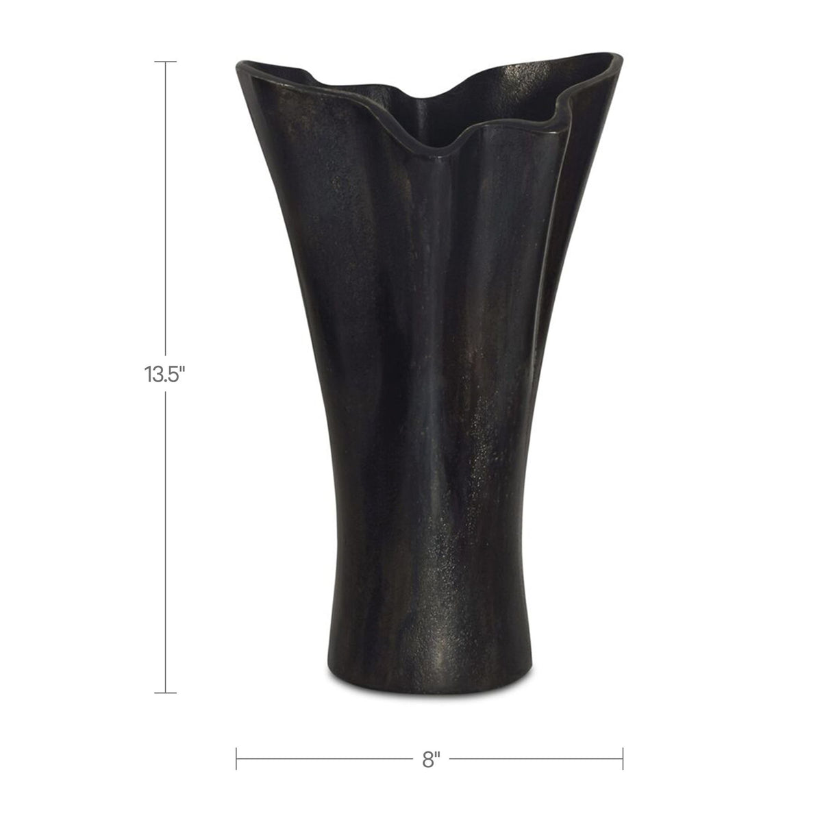 Black cast aluminum vase, 13.5 in tall, 8 in wide, flared opening.