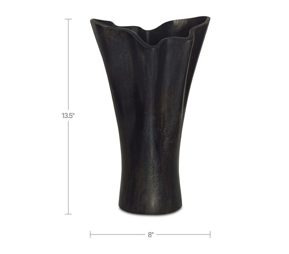 Black cast aluminum vase, 13.5 in tall, 8 in wide, flared opening.