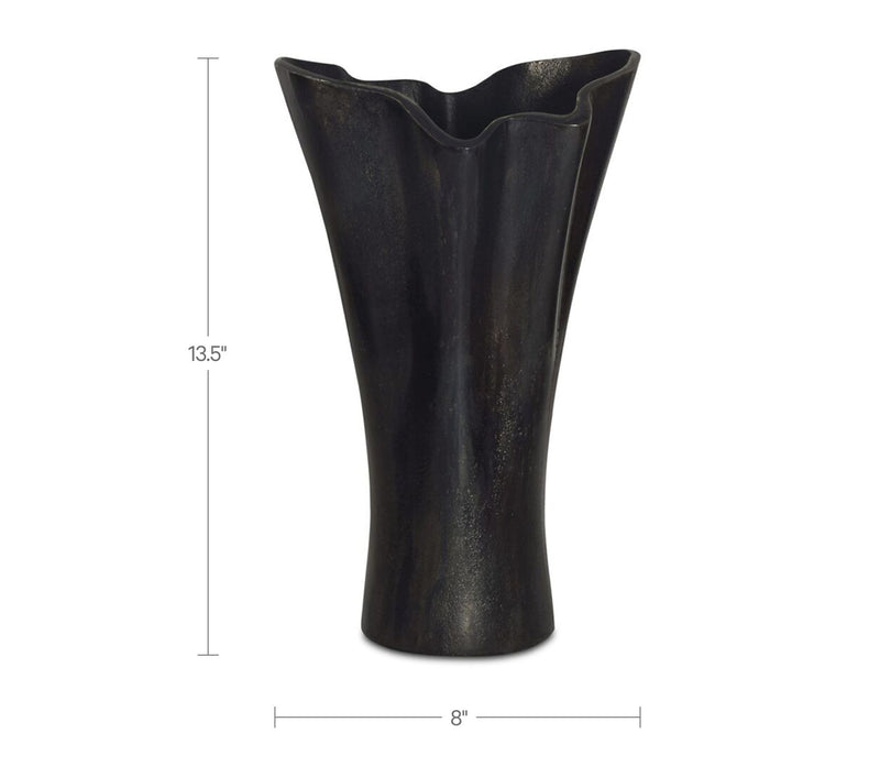 Black cast aluminum vase, 13.5 in tall, 8 in wide, flared opening.