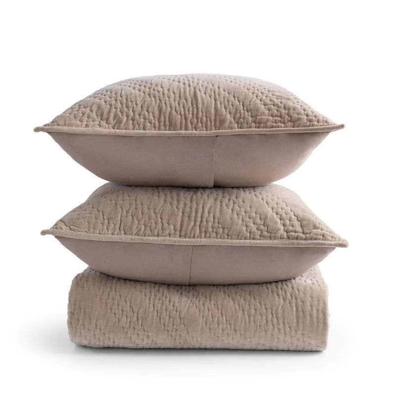 Taupe velvet decorative pillow set, three-piece plush stack