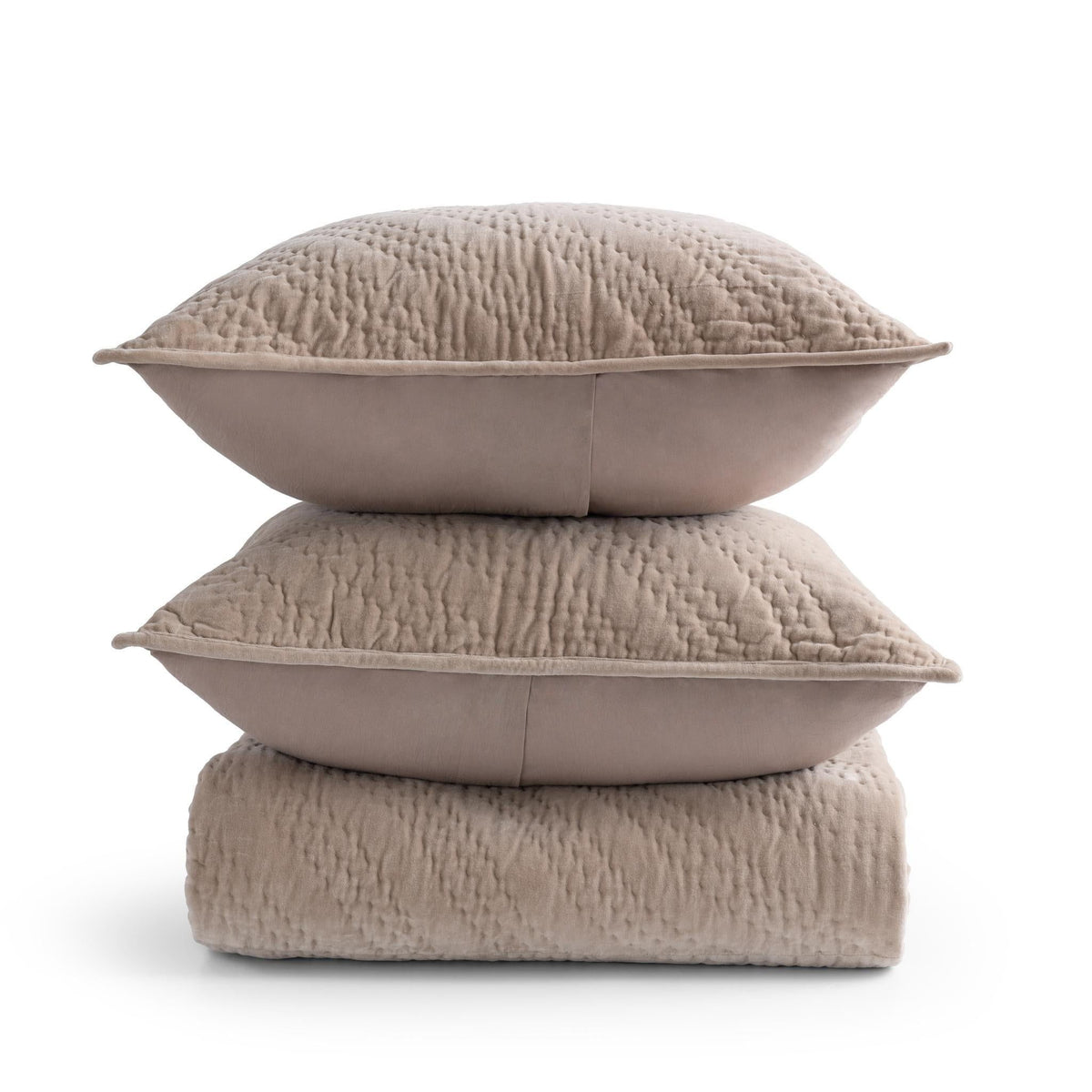 Beige velvet pillow sham with textured fabric and smooth envelope backing