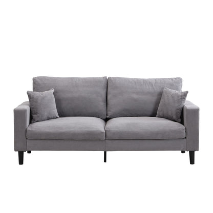 Three-seater upholstered sofa, medium gray fabric with three seat cushions and bolster pillows