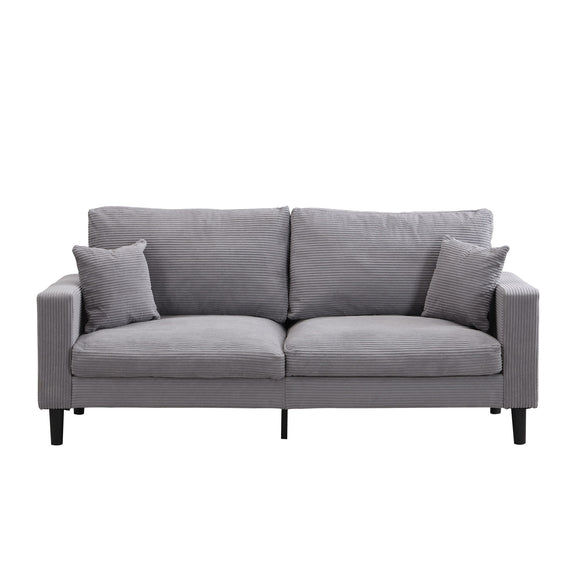 Three-seater upholstered sofa, medium gray fabric with three seat cushions and bolster pillows