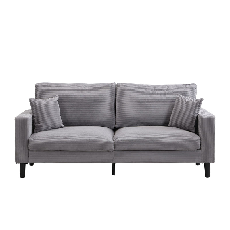Three-seater upholstered sofa, medium gray fabric with three seat cushions and bolster pillows